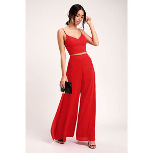 Lulus Red Two Piece Jumpsuit Set XS NWT Wide Leg Crop Top Set.